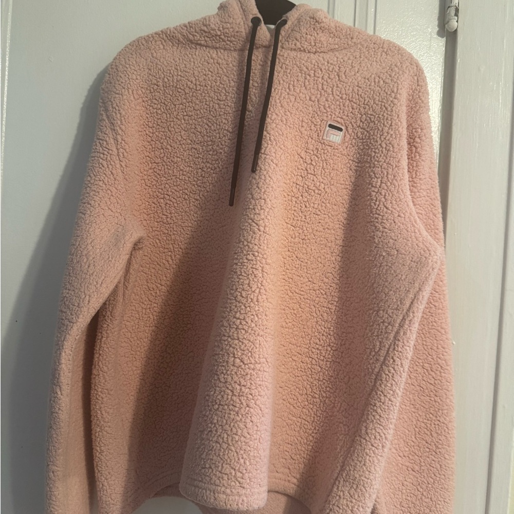 FILA Pink Sherpa Teddy Fleece Hoodie Pullover Size XL Cozy Drawstring